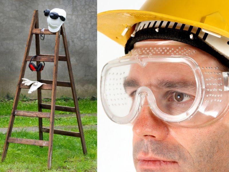 ladder and safety goggles