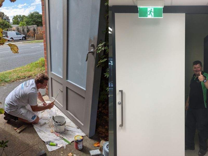 painting a door with a roller